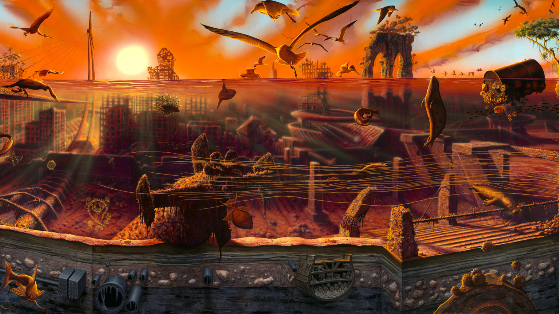 Alexis Rockman painting called "Manifest Destiny". Post-apocalyptic Brooklyn waterfront partly underwater. A futuristic bridge is submerged on the left, while a decaying Brooklyn Bridge appears on the right. Plants and animals thrive among the ruins, showing that life continues even without humans.