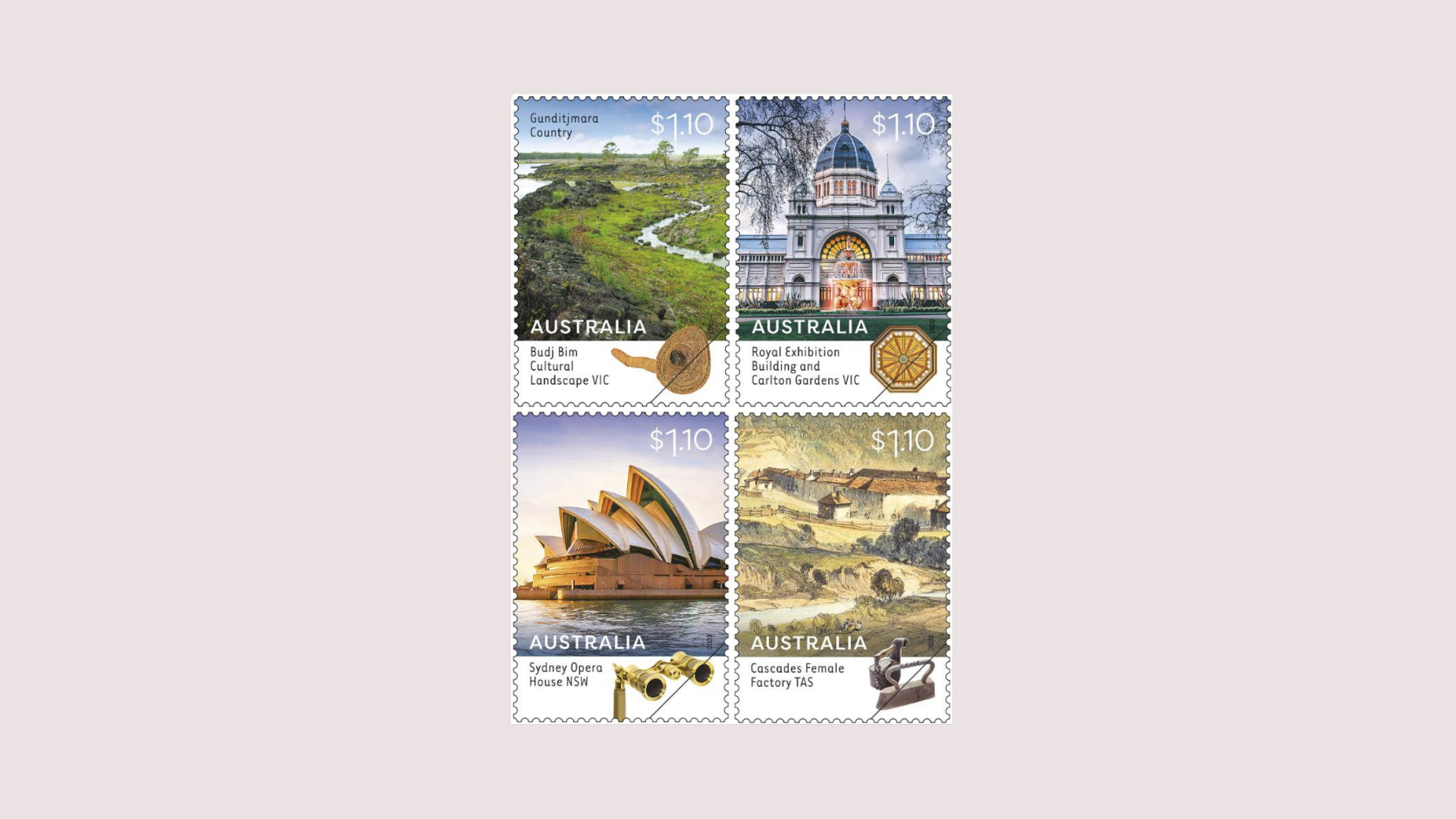 ICOMOS Australia stamps on a beige background.