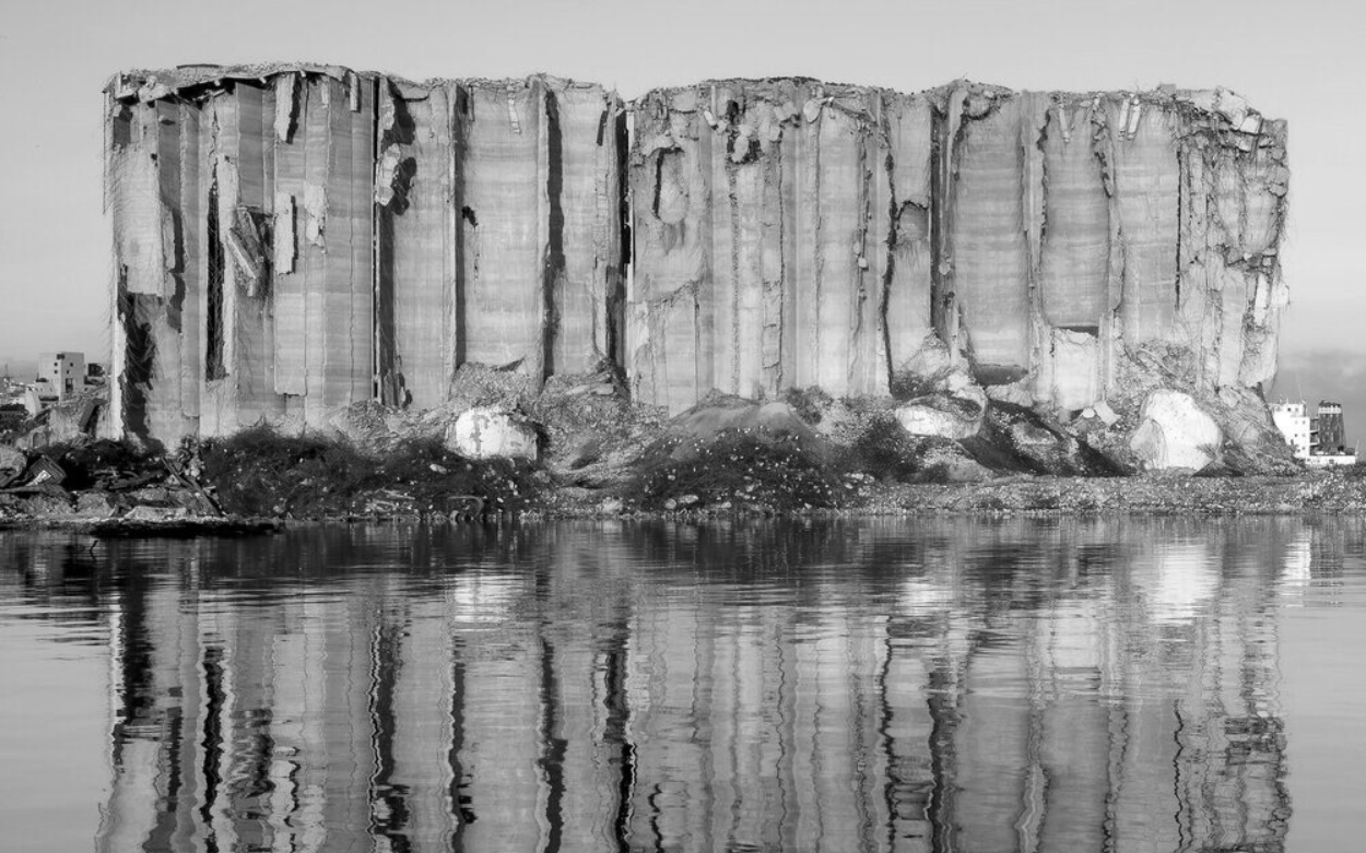 Black and white picture of the Grain Silos in Beirut.