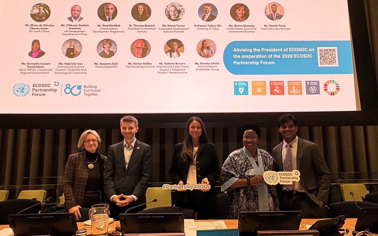 Picture showing panelists, including ISC Water President Meisha Hunter and the SDG 6 Panel Chair Neil Dev Patel posing for a picture during the Sustainable Development Goal 6 (Water and Sanitation) session at the the UN Economic and Social Council (ECOSOC) 2026 Partnership Forum in New York