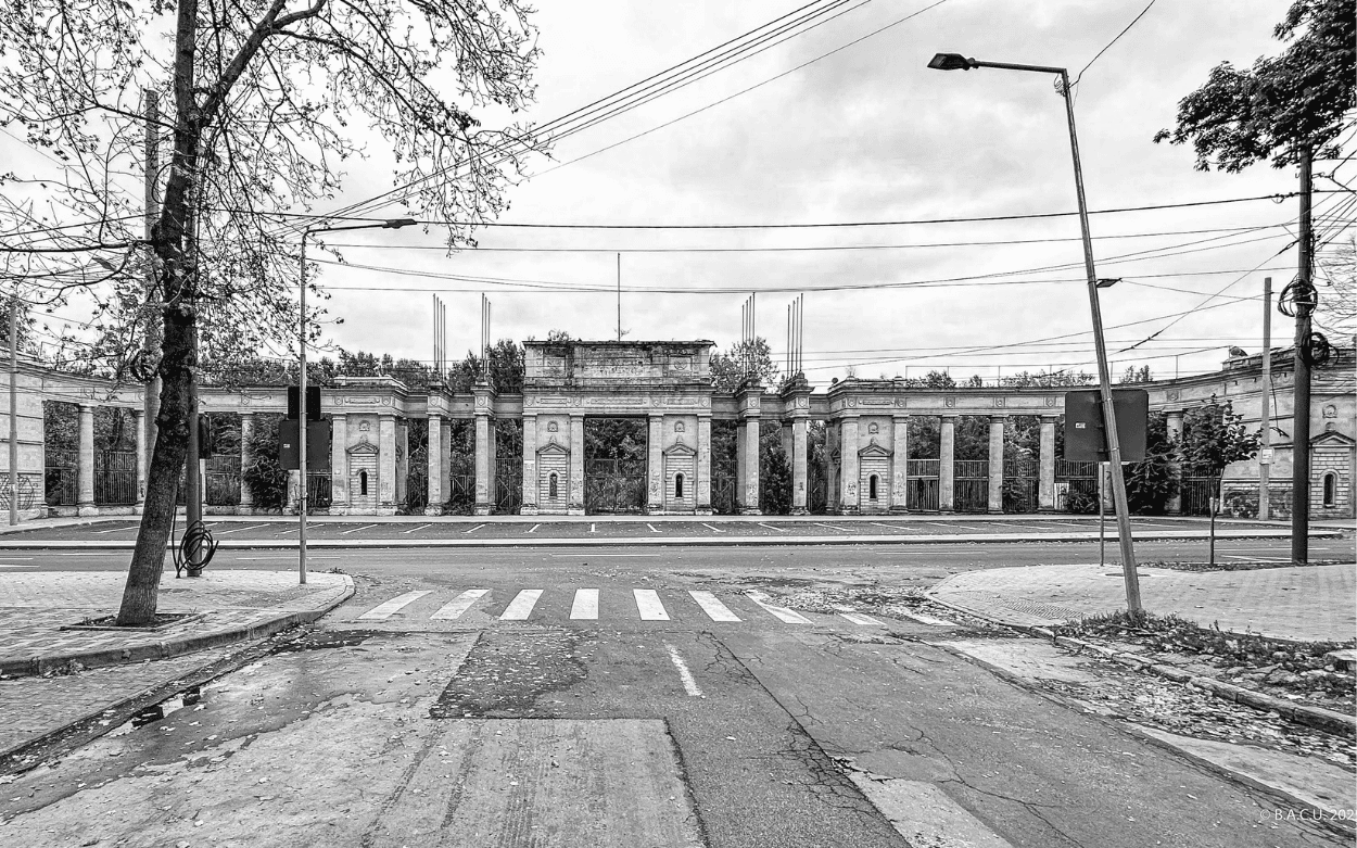 Black and white picture of the main entrance gate 1 of the former Republican Stadium of Chisinau, Moldova.