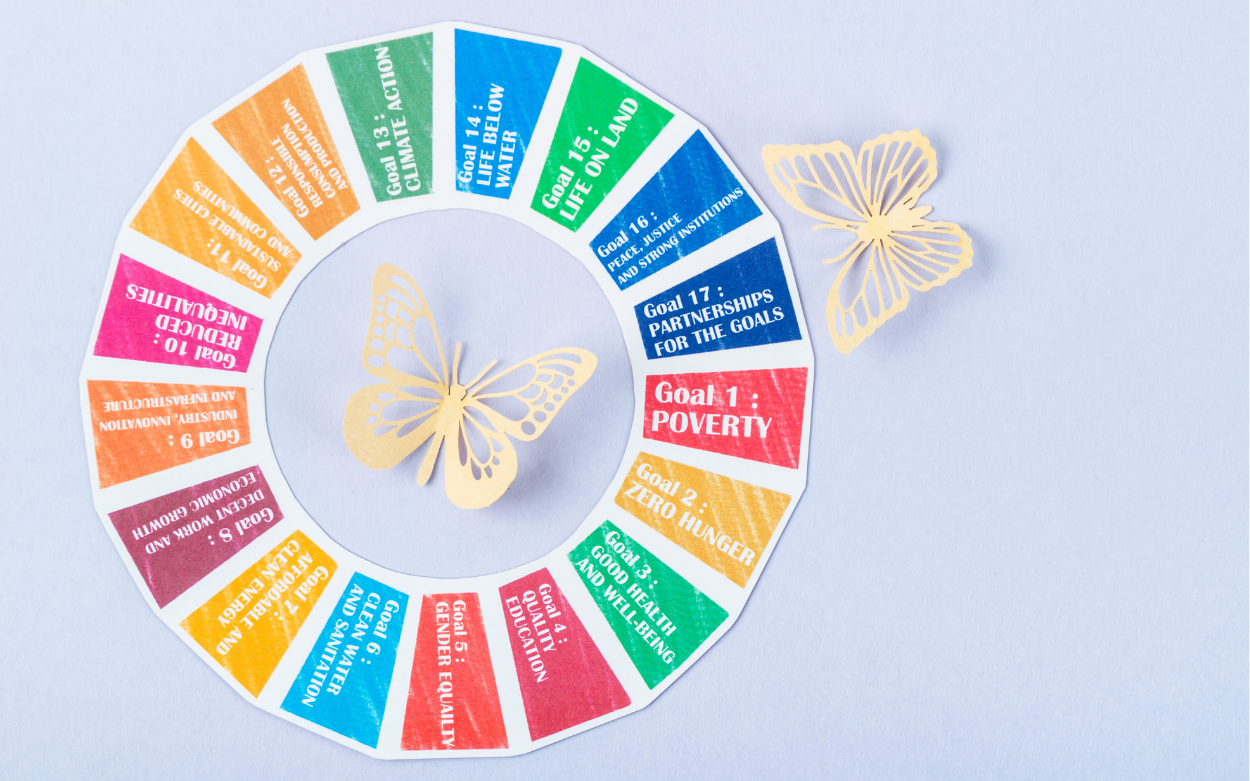 An image showing a colourful wheel featuring the 17 Sustainable Development Goals against a grey background, with two butterflies cut out from yellowish paper.